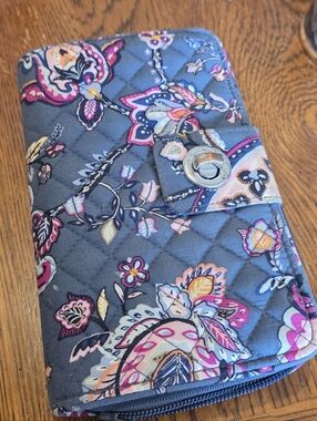 Vera Bradley Quilted Floral Wallet in Navy with Pink, Yellow & Cream Accents